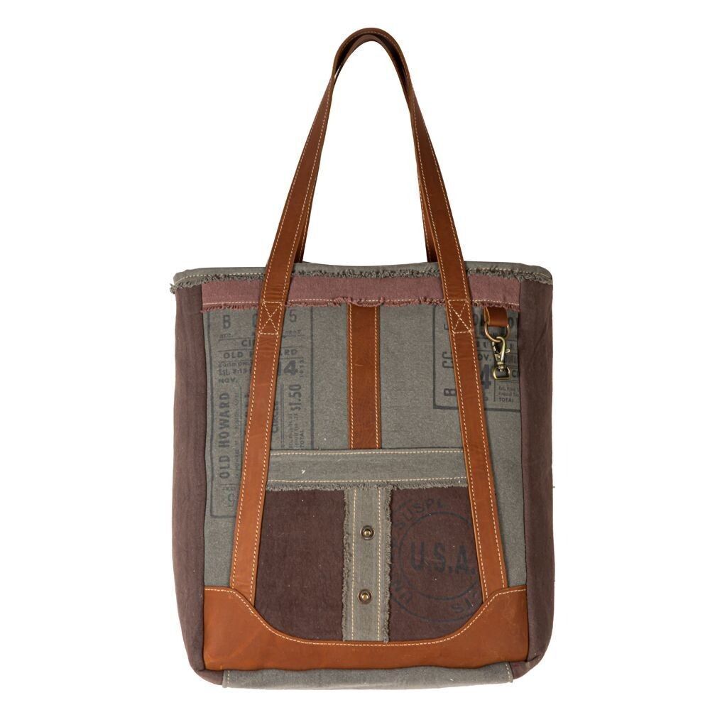 Myra Bag Handmade Hamilton Tote Bag Upcycled Canvas & Cowhide Leather - Picture 5 of 9